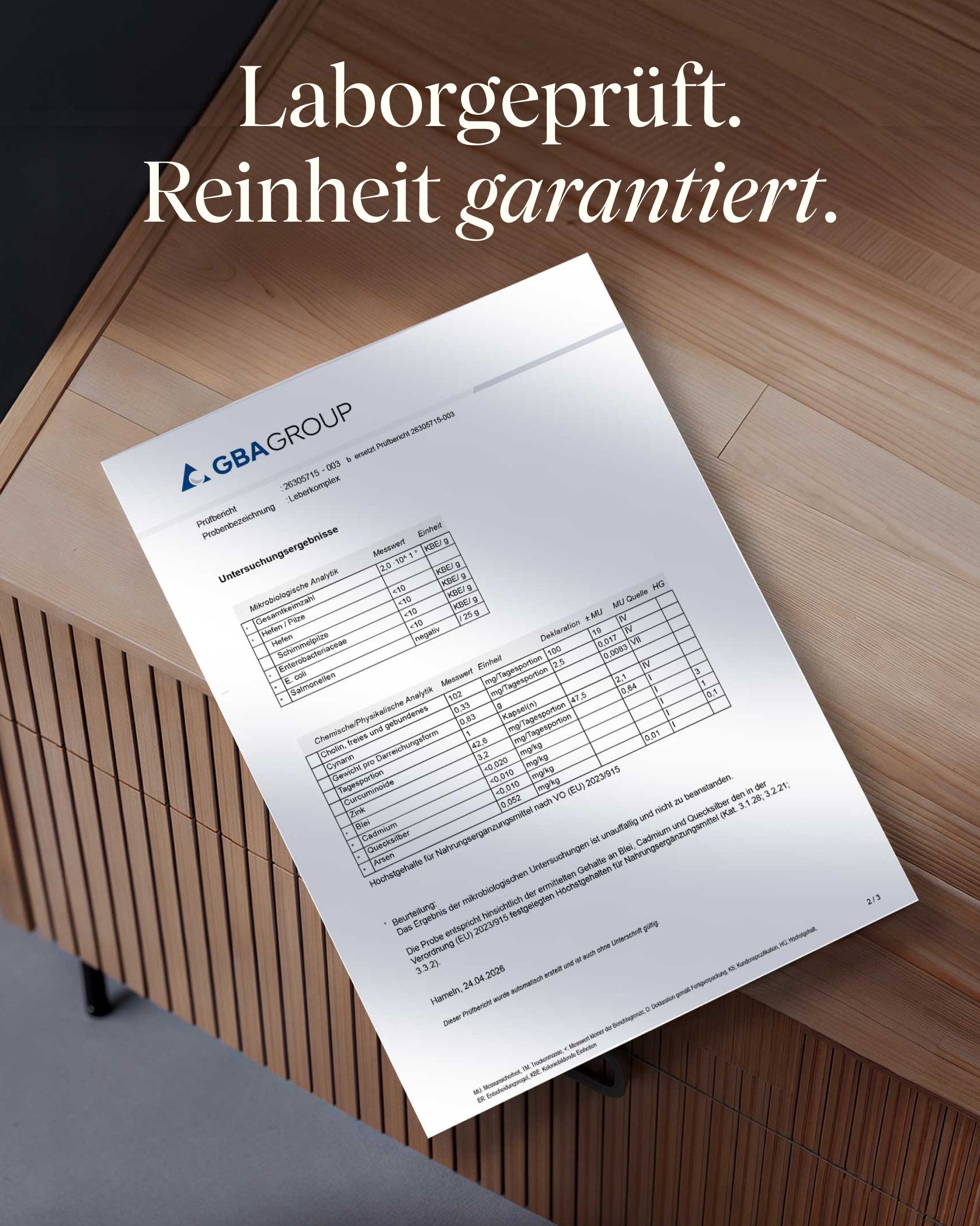 Laborbericht von GBA GROUP für ein Produkt, der Reinheit garantiert. Tabelle mit Analyseergebnissen.