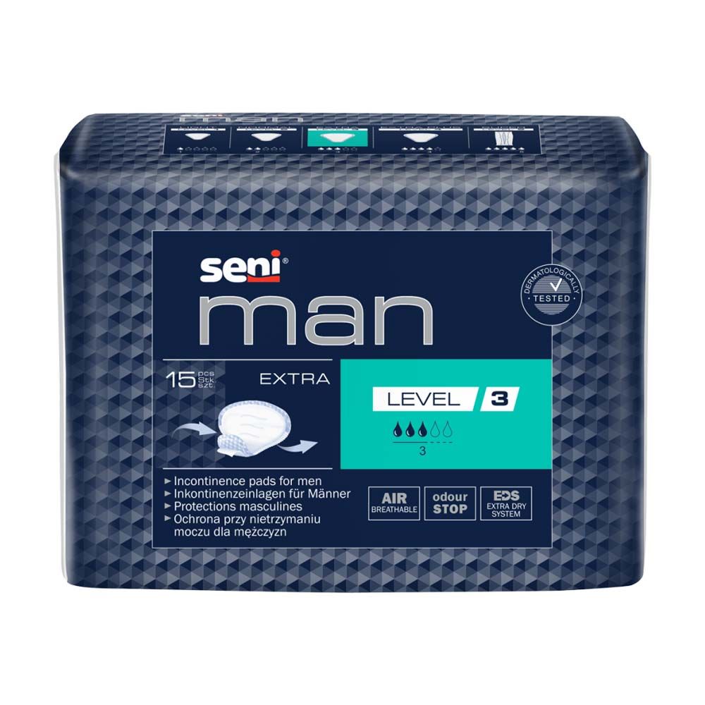 Verpackung Seni Man Extra Level 3. Blaue Verpackung mit Produktinformationen und Logo. Inhaltsangabe: 15 Stück.