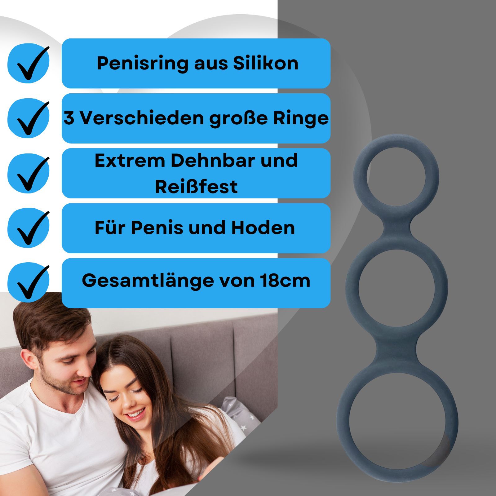 Produkt mit Text: Penisring aus Silikon, 3 Ringe, dehnbar, für Penis und Hoden, Gesamtlänge 18cm. Paar im Hintergrund.