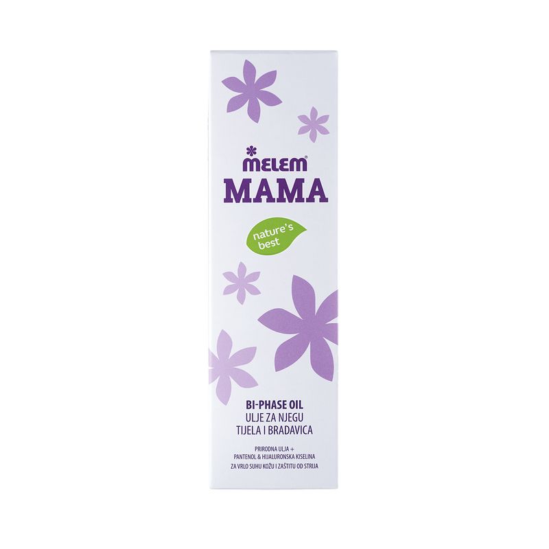 Verpackung für MELEM Mama Bi-Phase Oil mit lila Blumenmuster.
