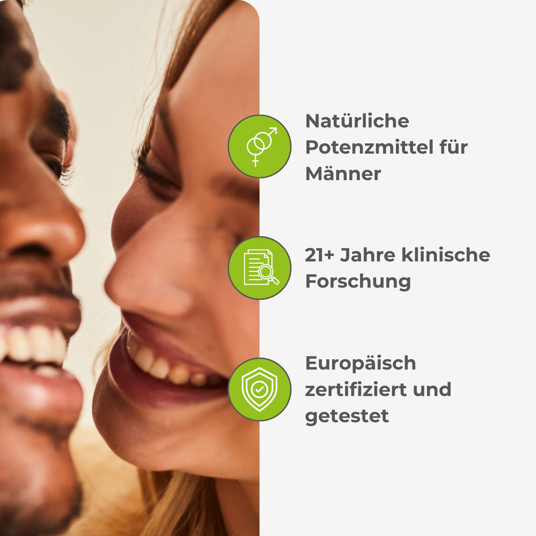 Gesicht eines Mannes und einer Frau. Text: Natürliche Potenzmittel für Männer. 21+ Jahre klinische Forschung.