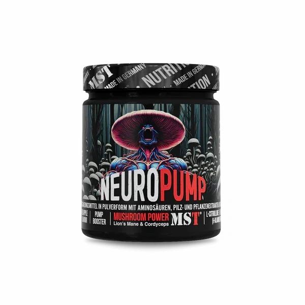 Schwarze Dose mit Monster-Illustration. Aufschrift: NeuroPump, Mushroom Power, MST. Deckel mit MST Nutrition. Grüner Apfel Geschmack.