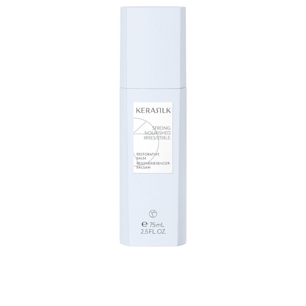 Hellblaue Flasche mit weißem Etikett. Aufschrift: Kerasilk, Restorative Balm, 75ml.