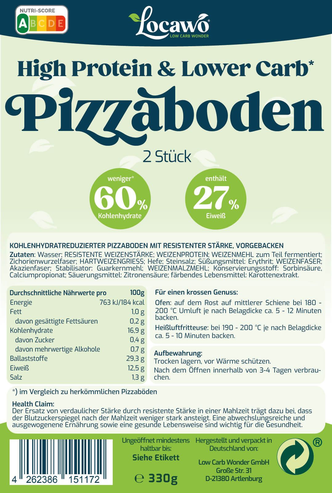 Locawo High Protein & Lower Carb Pizzaboden Verpackung mit Nährwertangaben.