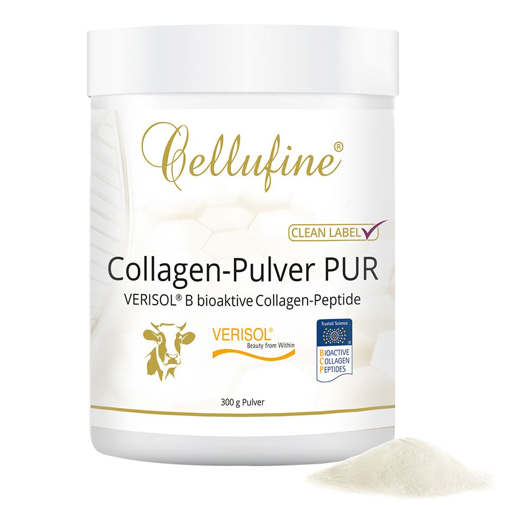 Weiße Dose Cellufine Collagen-Pulver PUR. Aufschrift: VERISOL B, 300 g Pulver. Siegel: Clean Label, Bioaktive Collagen-Peptide.