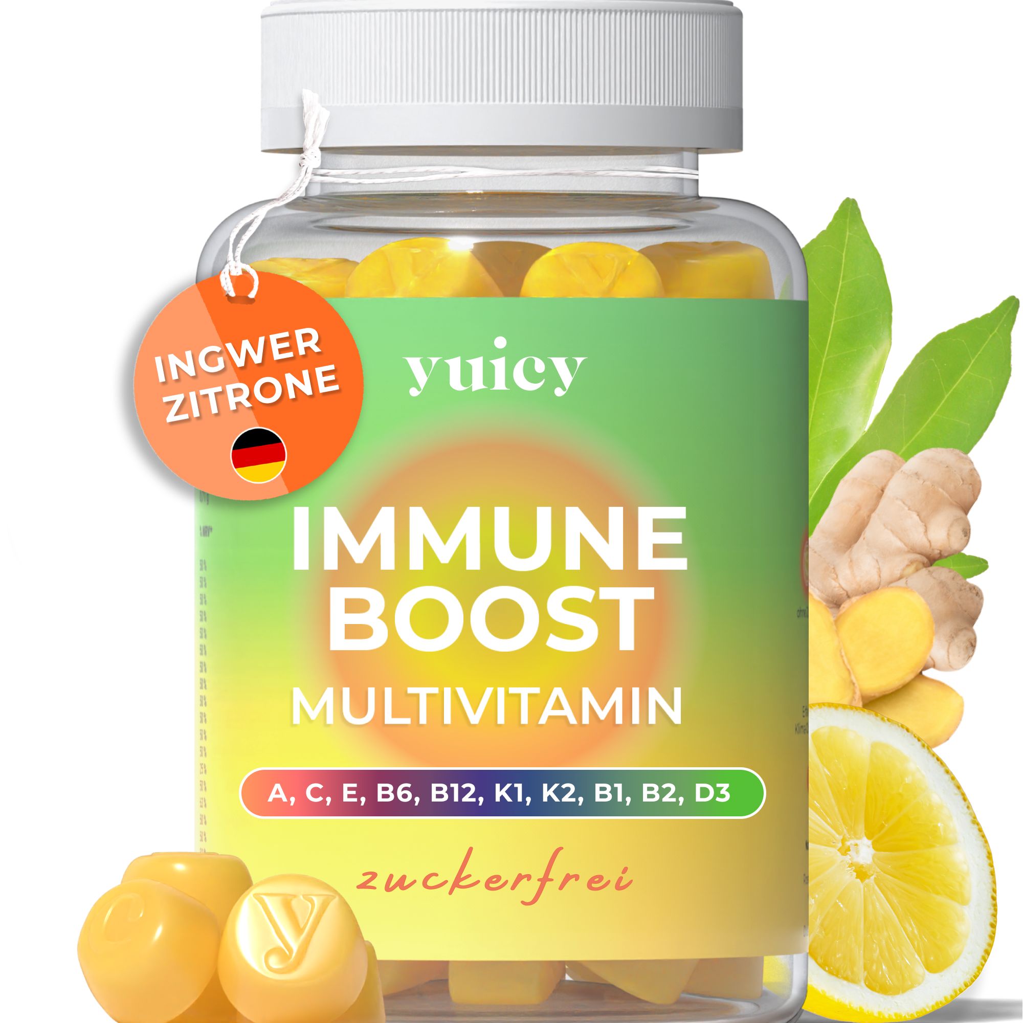 Klare Plastikflasche mit gelben Gummibärchen. Aufkleber mit "yuicy Immune Boost Multivitamin". Ingwer-Zitrone-Etikett.