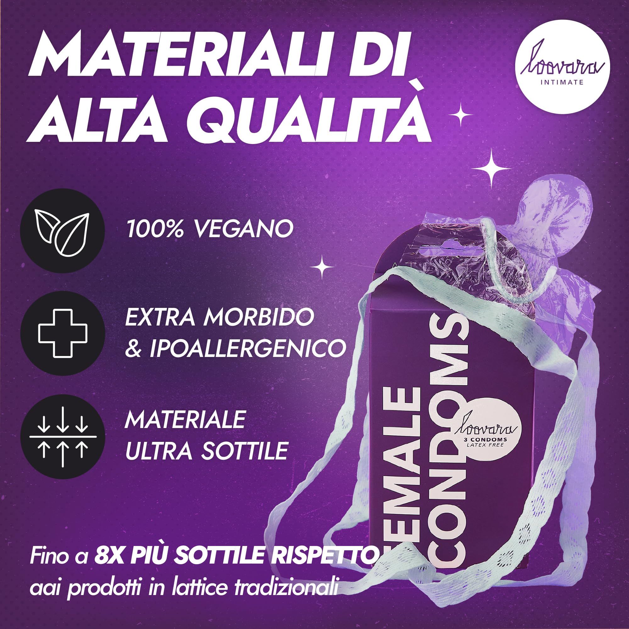 Lila Verpackung mit "FEMALE CONDOMS" und 3 Kondomen, "LATEX FREE" und "PIÙ RESISTENTE DEL LATTICE" (resistentere als Latex).