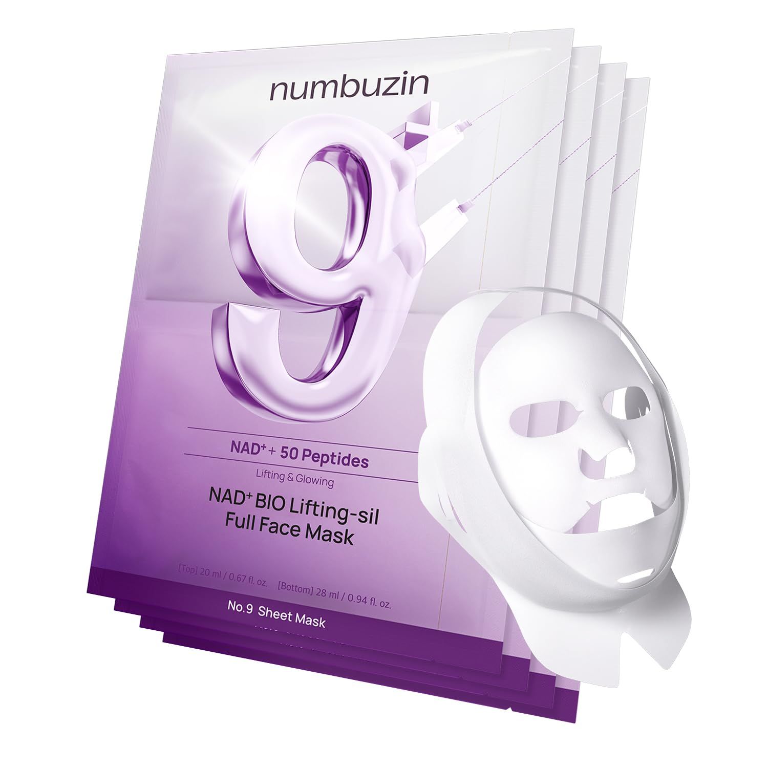 Verpackung mit Masken. Text: Numbuzin, No.9, NAD+ BIO Lifting-sil Full Face Mask. Einzelne Maske sichtbar.