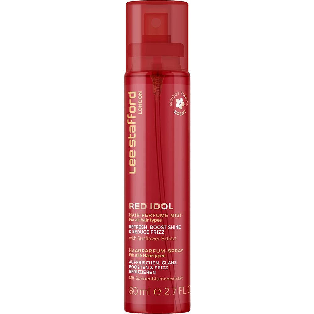 Roter Haarspray-Flakon mit Zerstäuber. Enthält 80 ml. Marke: Lee Stafford.