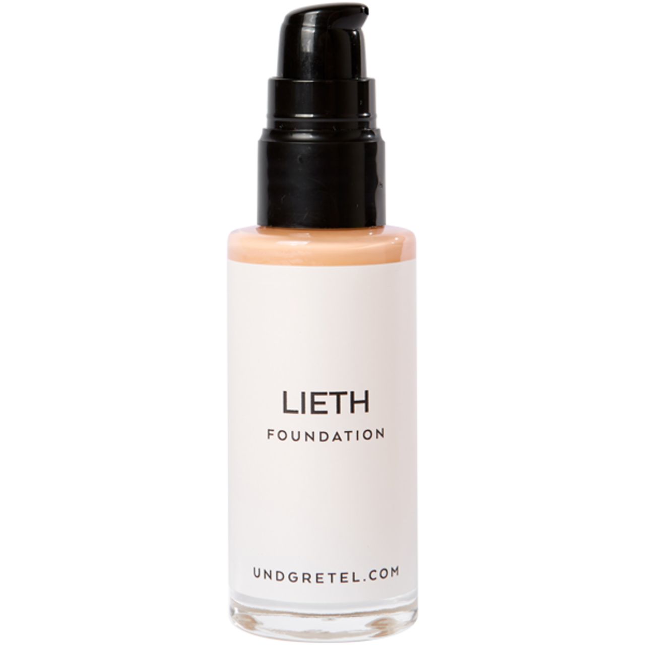 Make-up-Flakon mit schwarzem Pumpverschluss. Aufschrift: LIETH FOUNDATION. Unter: UNDGRETEL.COM.