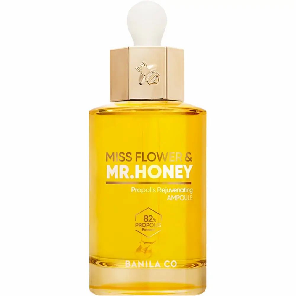 Goldene Glasflasche mit Pipette, gefüllt mit gelbem Serum. Beschriftung: Miss Flower & Mr. Honey, Propolis Rejuvenating Ampoule, 82% Propolis Extract, Banila Co.
