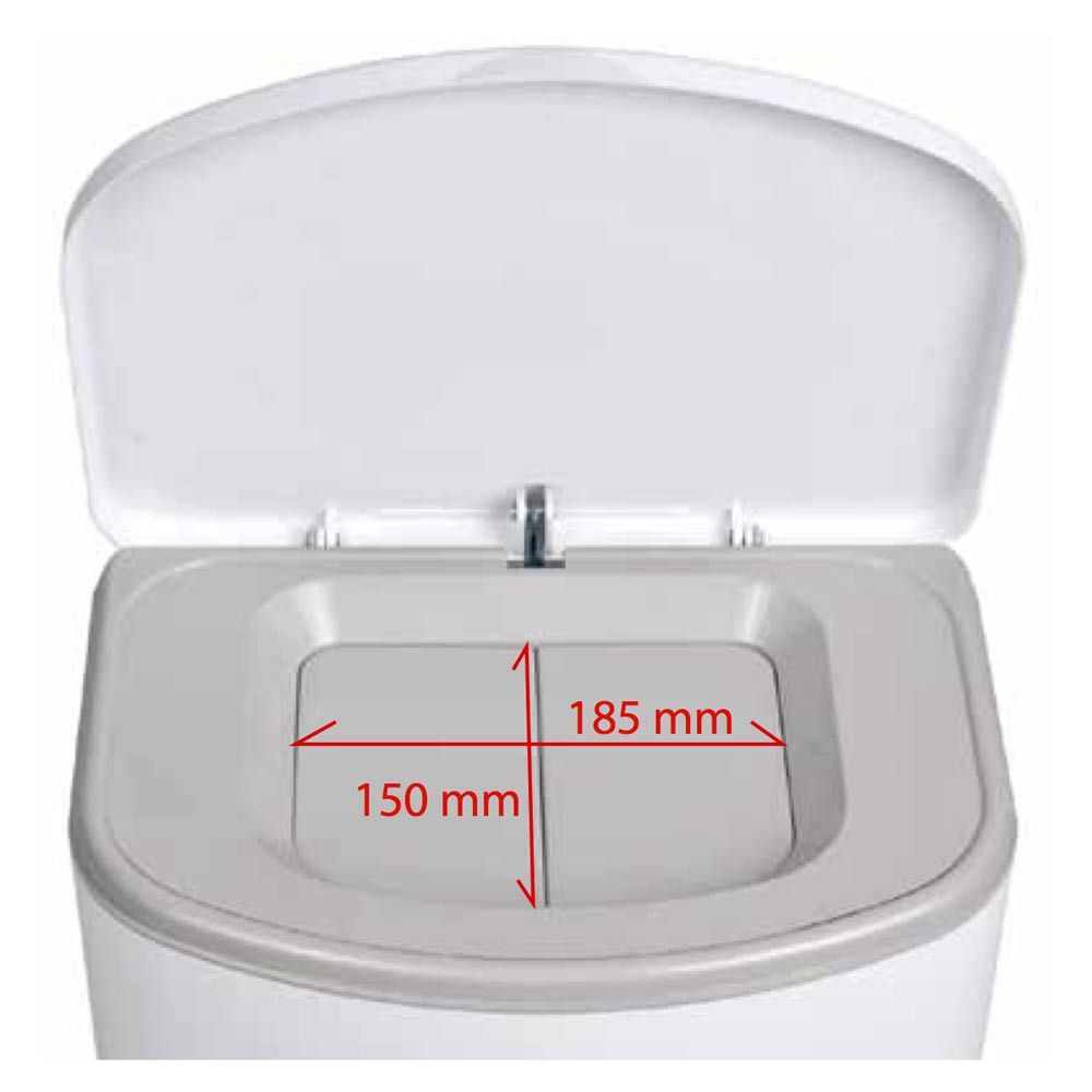 Nahaufnahme des geöffneten Windeleimers. Maße: 150 mm x 185 mm. Grauer Innenbehälter.