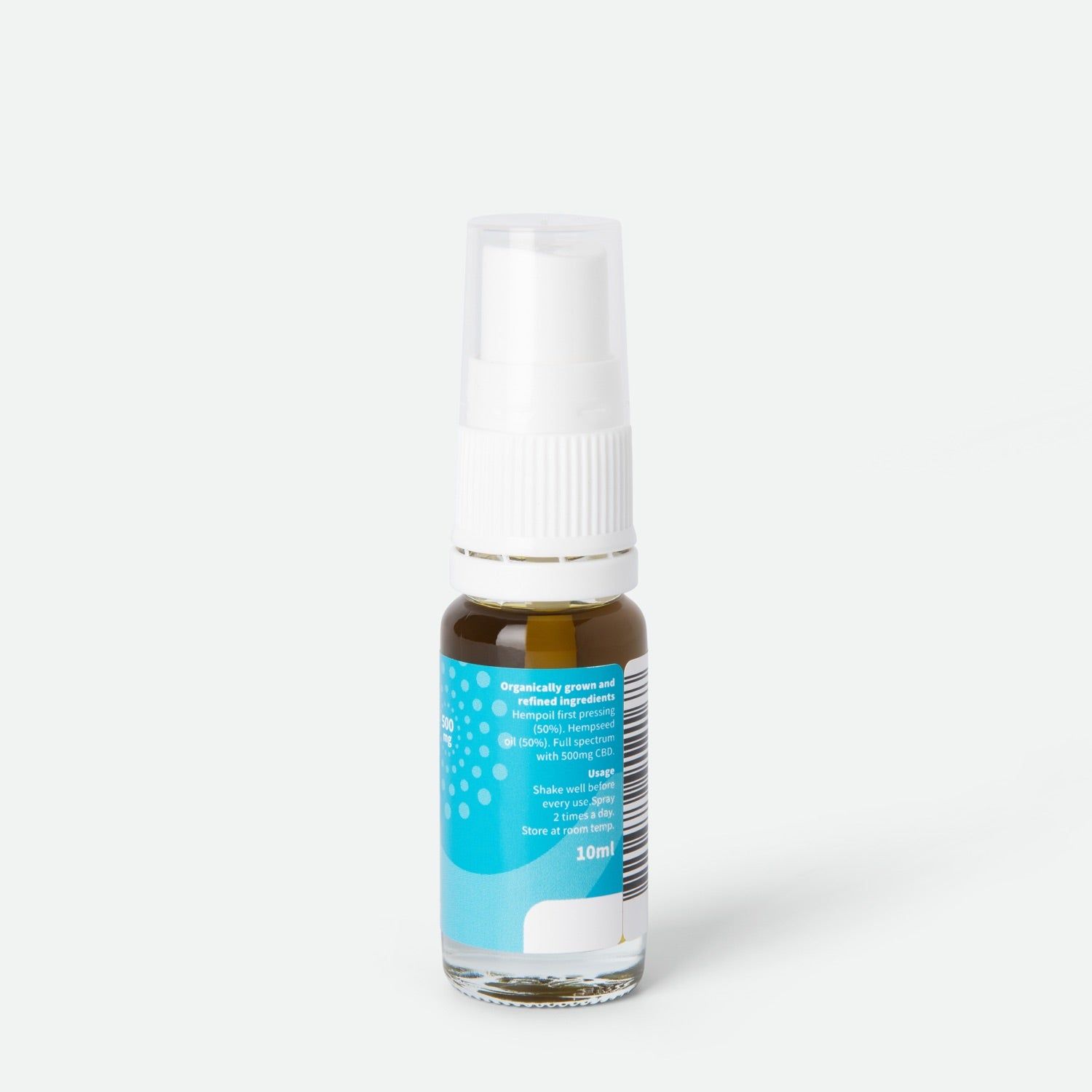 Rückansicht einer Klarflasche mit weißem Sprühkopf. Blaues Etikett mit Text und Barcode.