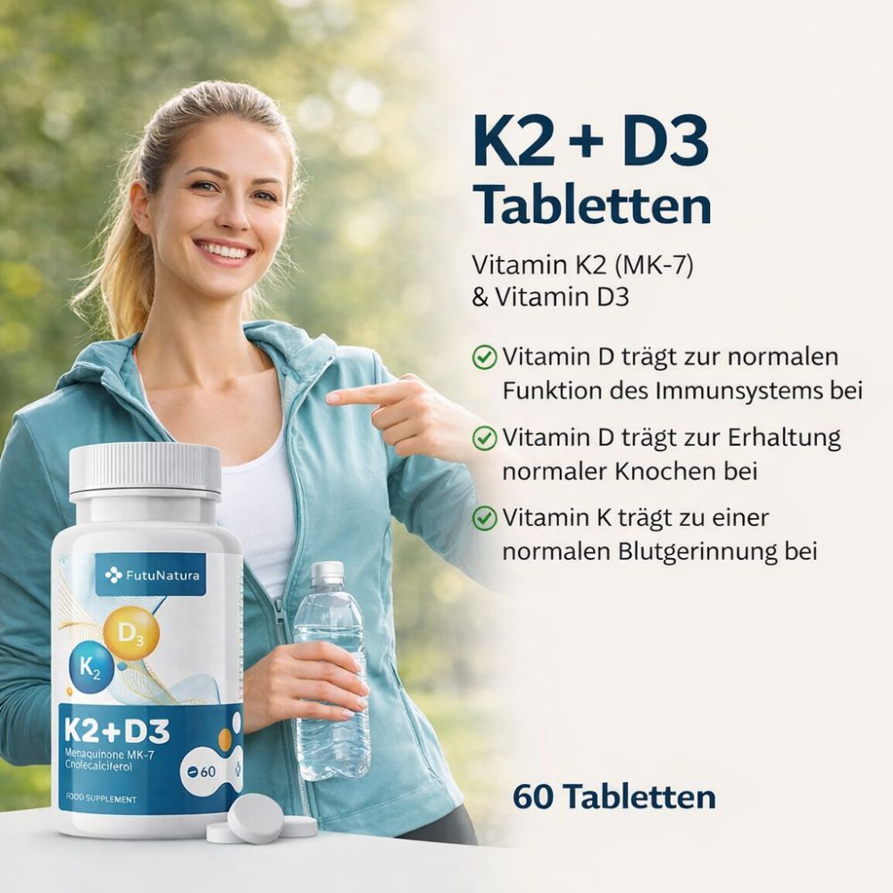 FutuNatura K2 + D3 Flasche und Tabletten neben einer Frau. Text: K2 + D3 Tabletten, Vitamin K2 & D3. 60 Tabletten. Frau zeigt auf Produkt.