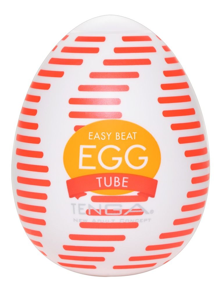 Weißes, ovales Produkt mit rotem Streifenmuster. Aufschrift: EASY BEAT EGG TUBE. Marke: TENGA.