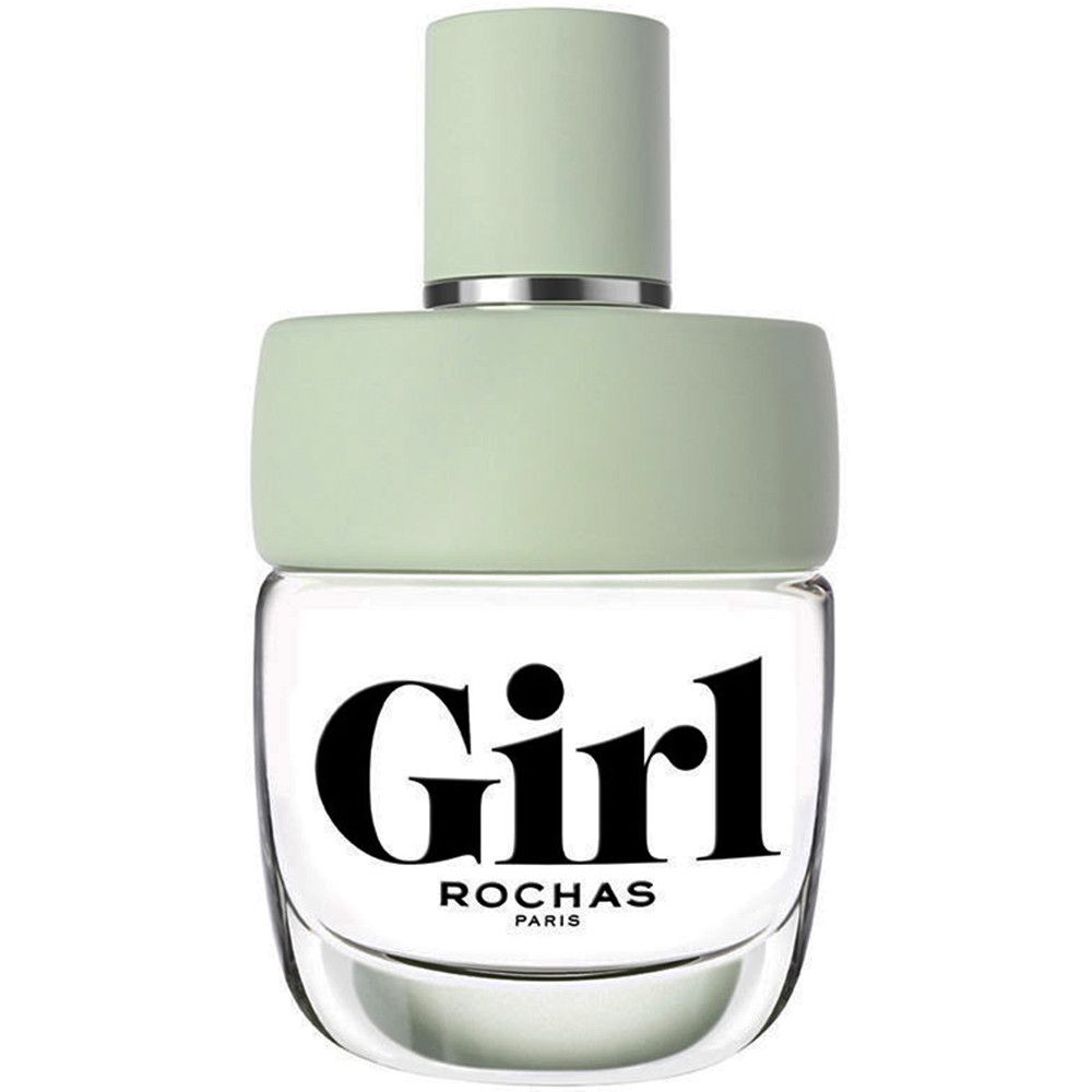 Glasflakon mit hellgrünem Verschluss. Schwarzer Schriftzug "Girl" und "Rochas Paris".