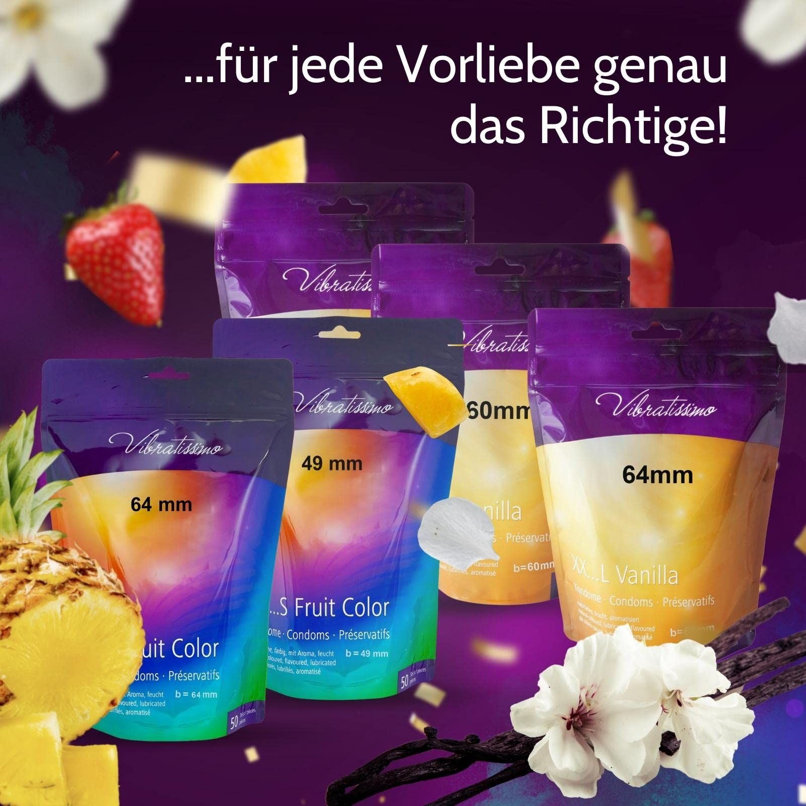 Päckchen Kondome in verschiedenen Größen (49mm, 60mm, 64mm) und Sorten (Fruit Color, Vanilla).