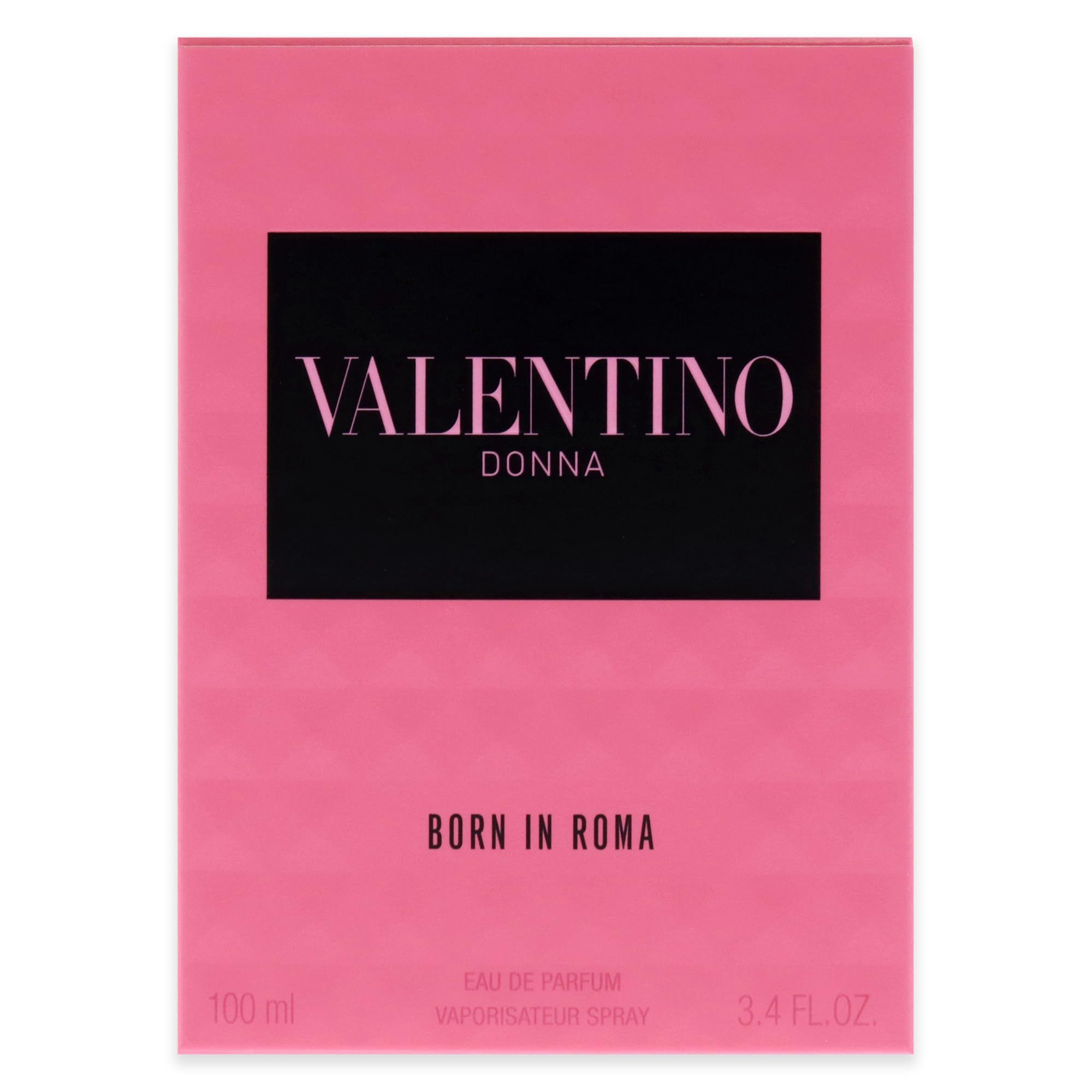 Valentino Born in Roma Eau de Parfum. Rosa Verpackung. Schwarzer Schriftzug Valentino Donna Born in Roma.