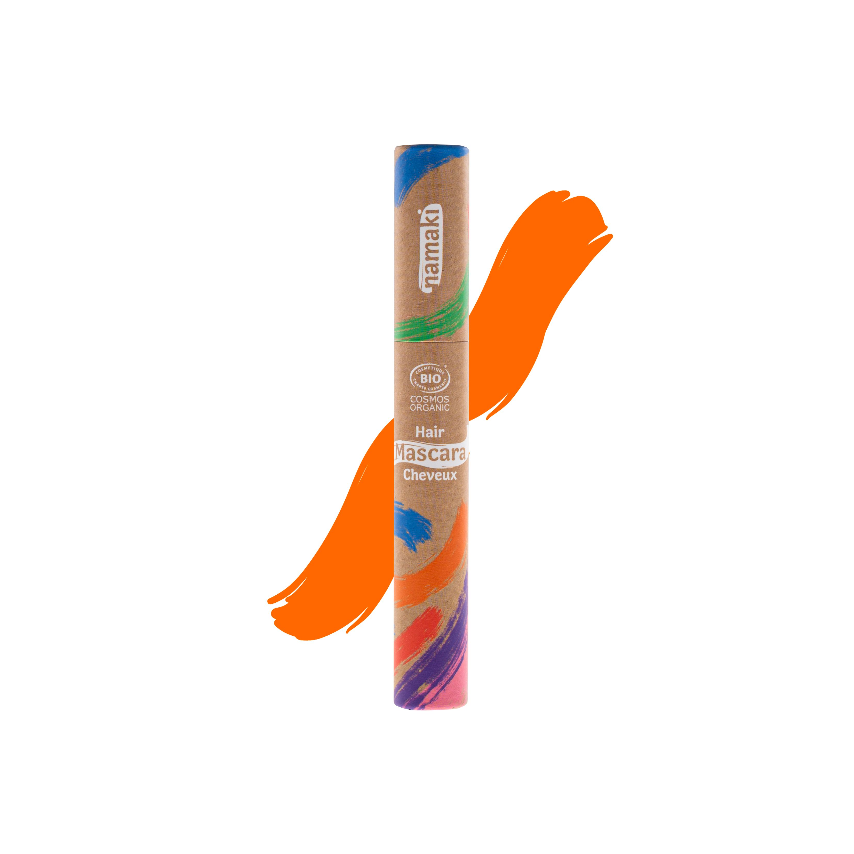 Namaki Bio Haarmascara. Zylindrische Verpackung mit farbigen Streifen. Logo und Schriftzug. Bio-Zertifizierung.