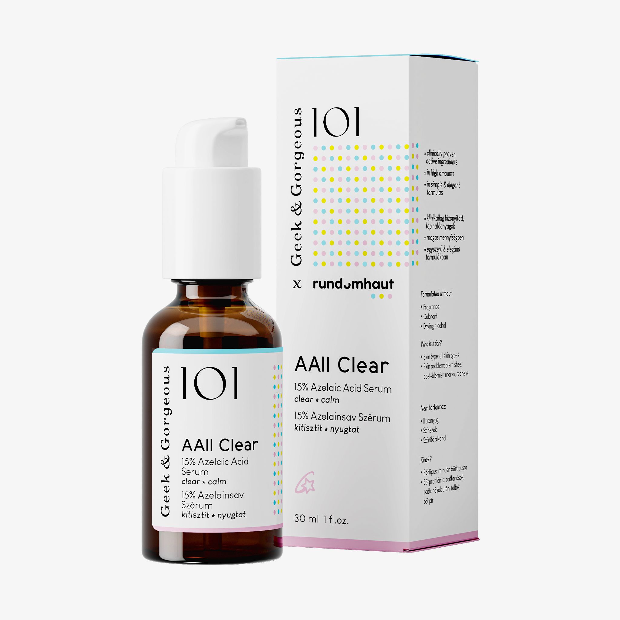 Braune Glasflasche mit weißem Pumpspender, 30 ml. Etikett zeigt "101 AAll Clear 15% Azelaic Acid Serum". Kartonverpackung daneben.