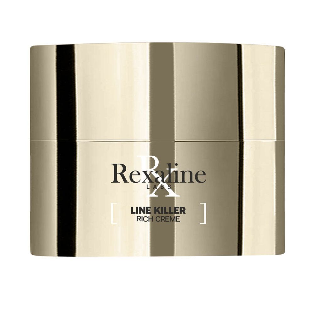Goldfarbener Creme-Tiegel mit schwarzer Schrift: Rexaline Labs, Line Killer Rich Creme. Glänzendes Design.