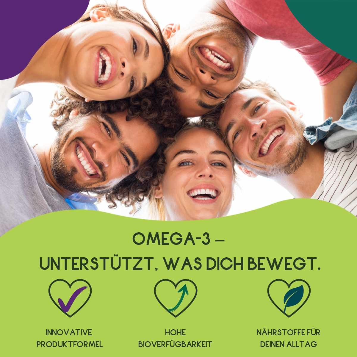 Menschen lächeln. Text: Omega-3 unterstützt, was dich bewegt. Symbole: Innovative Produktformel, hohe Bioverfügbarkeit, Nährstoffe für deinen Alltag.