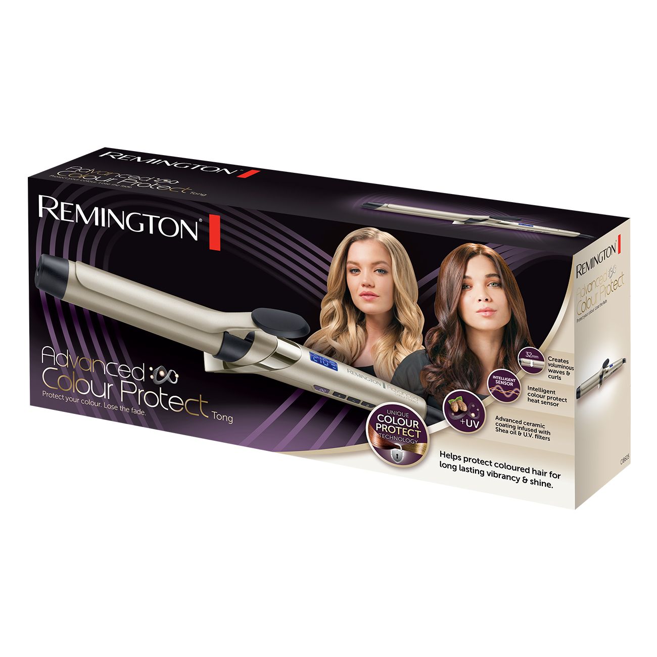 Verpackung eines goldenen Remington Lockenstabs mit zwei Frauen.