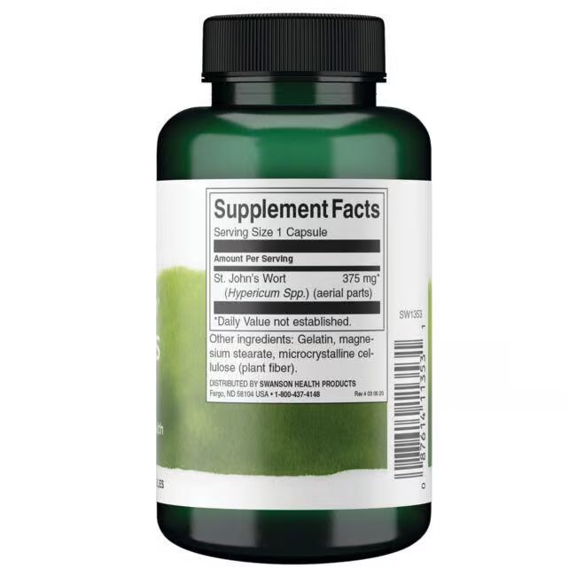Rückseite einer grünen Flasche. Etikett mit Nährwertangaben: St. John's Wort, 375 mg, Inhaltsstoffe, SWANSON.