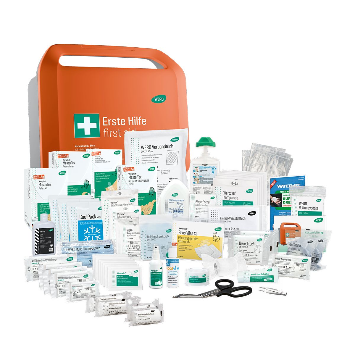 Erste-Hilfe-Koffer mit Inhalt. Verbandmaterial, Flaschen, Scheren, Pflaster. Koffer mit weißem Kreuz und "Erste Hilfe".
