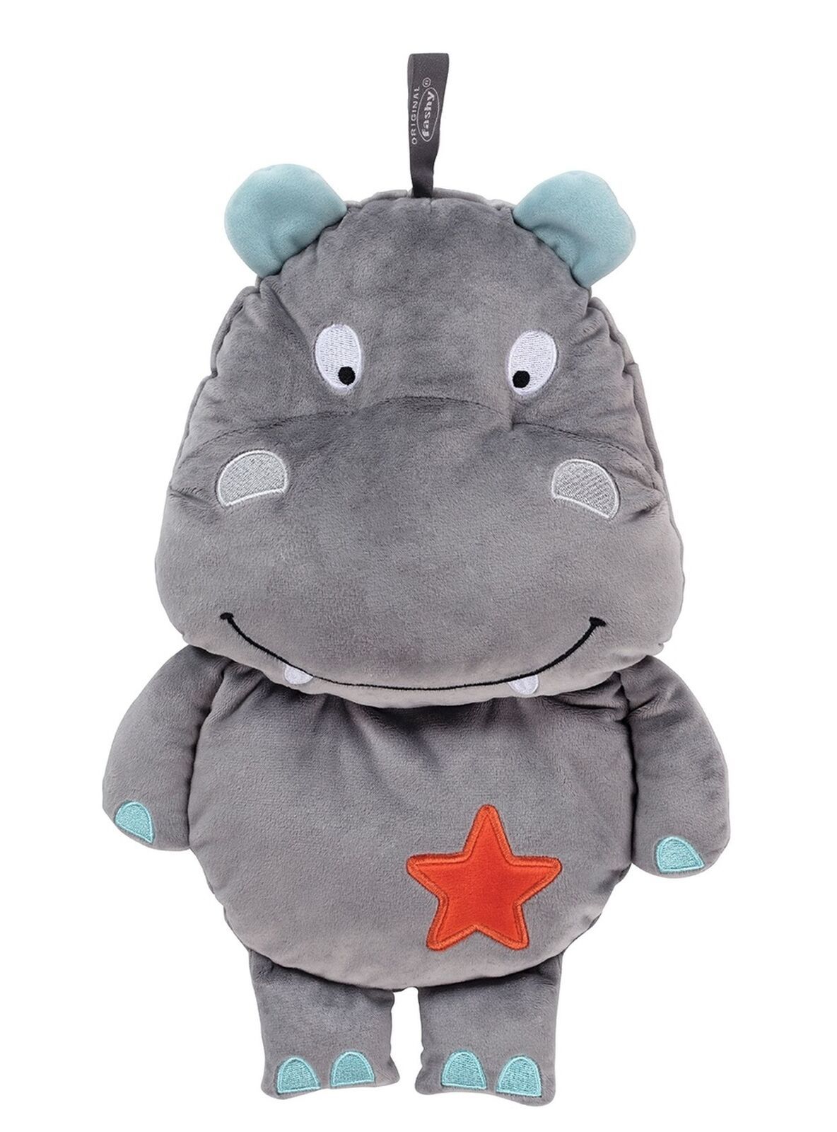 Graues Nilpferd-Wärmflaschenbezug mit blauen Ohren und Füßen. Roter Stern auf dem Bauch. Aufhängeschlaufe mit "fashy"-Logo.