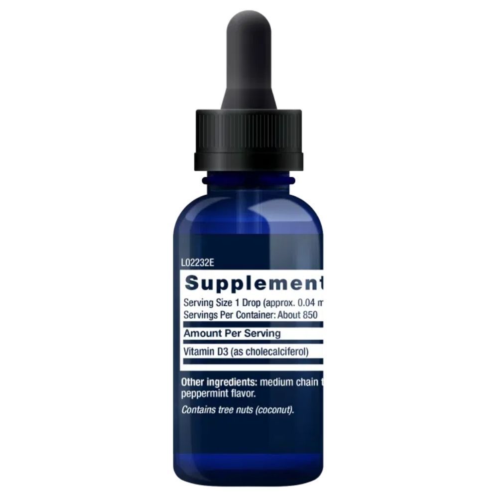 Rückseite einer blauen Glasflasche mit Pipette, mit Nährwertangaben für Life Extension Liquid Vitamin D3.