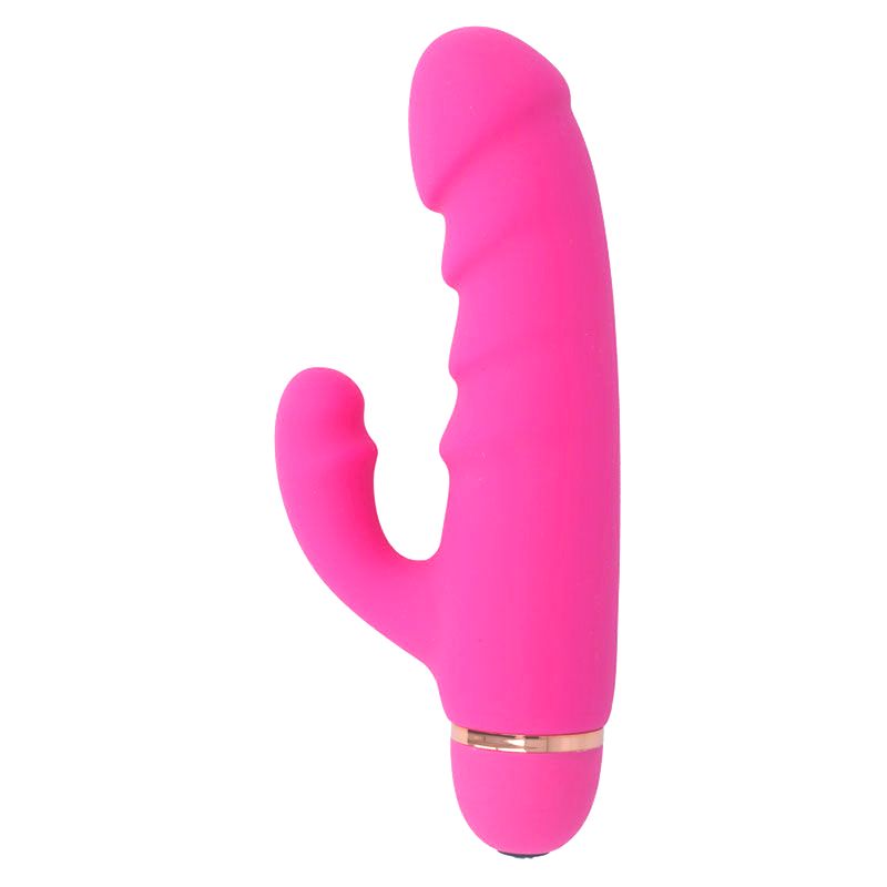 Pinkfarbener Vibrator mit gebogener Form. Geriffelte Oberfläche und gebogener Teil. Goldfarbener Ring am Fuß.