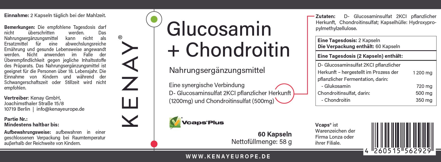 Nahaufnahme des Etiketts einer Flasche. Text: Glucosamin + Chondroitin, KENAY®. Enthält 60 Kapseln. Inhaltsstoffe und Nährwertangaben.