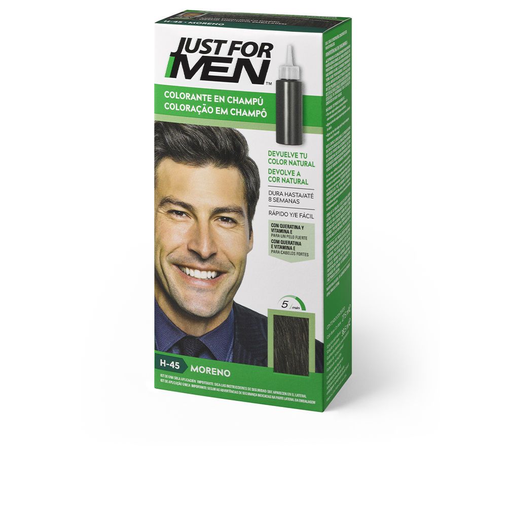 Schachtel mit Haarfarbe. Aufdruck: "JUST FOR MEN". Abbildung eines Mannes. Text: "Colorante en champú". Farbe: H-45 Moreno.