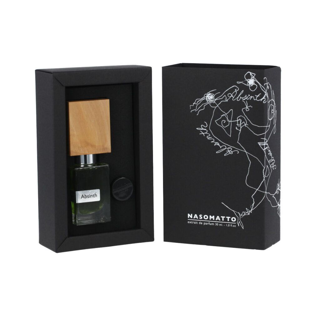 Absinth-Parfümflakon mit Holzdeckel und schwarzer Schachtel. Auf der Schachtel steht NASOMATTO und Absinth.