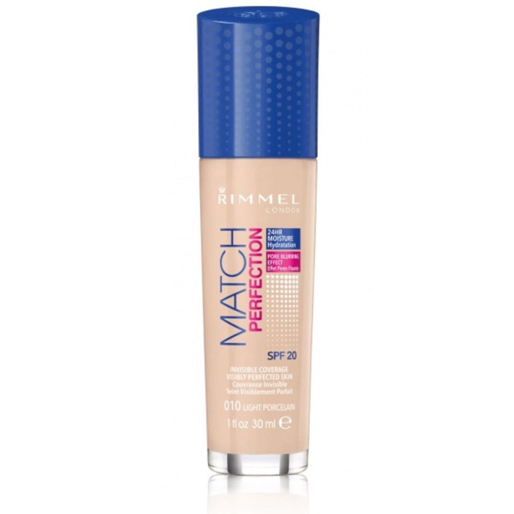 Rimmel Match Perfection Foundation. Flasche mit blauem Deckel. Text: SPF 20, 010 Light Porcelain. 30 ml.