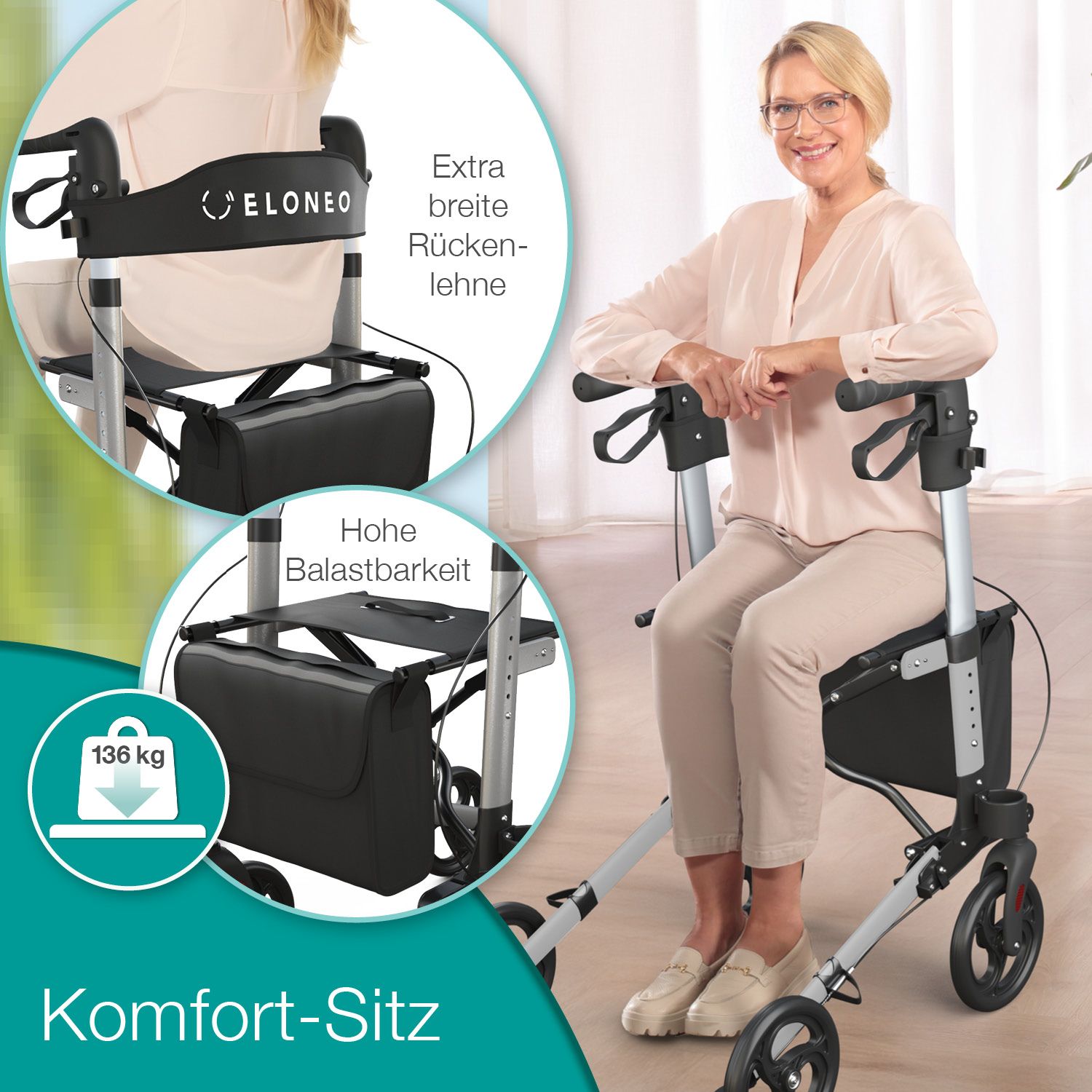 Frau sitzt auf einem Rollator mit ELONEO-Logo. Extra breite Rückenlehne, hohe Belastbarkeit bis 136 kg. Komfort-Sitz.