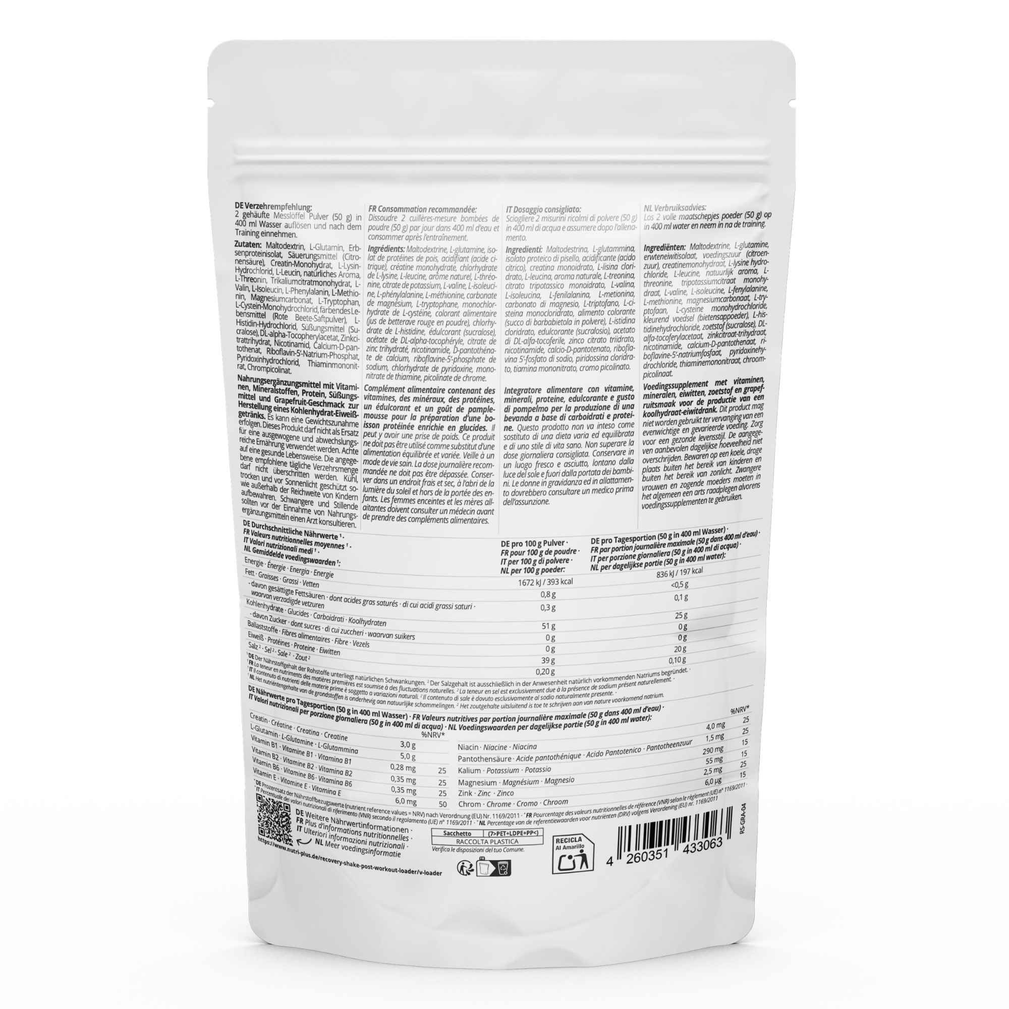 Rückseite einer Standbodenbeutel-Verpackung für Recovery Shake mit detaillierten Nährwertangaben und Inhaltsstoffen.