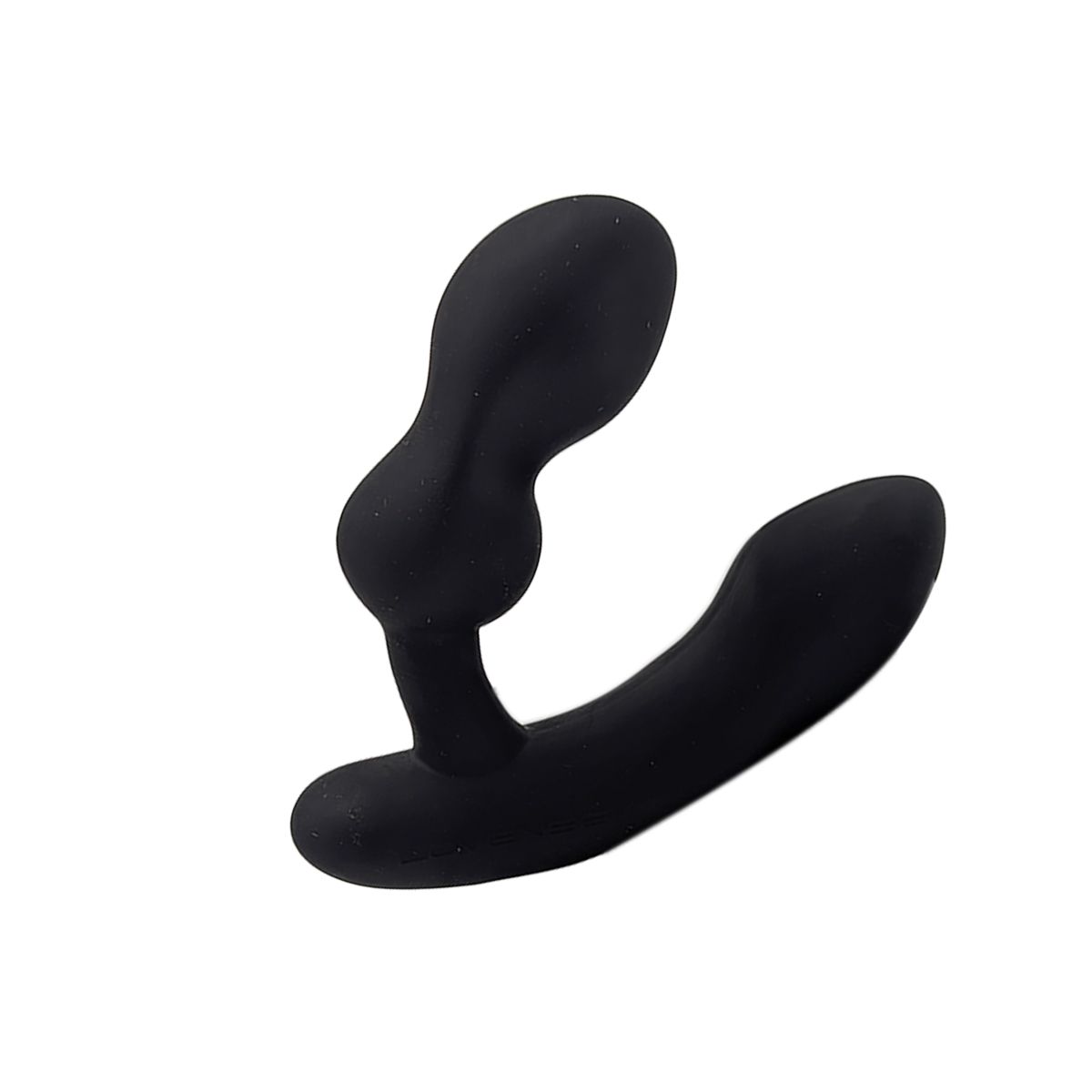 Schwarzer Prostata-Massager mit gebogenem Schaft und doppeltem Stimulationskopf.