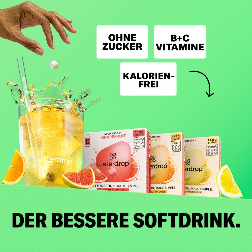 Zubereitung eines waterdrop® Getränks mit Grapefruit-Geschmack, ohne Zucker, mit Vitaminen.