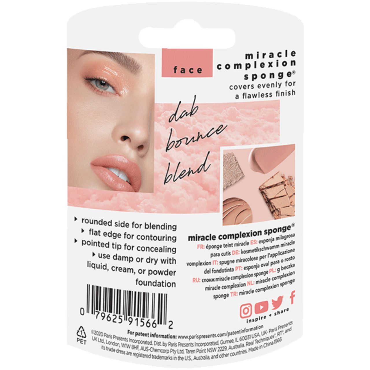 Rückseite der Verpackung. Text: 'miracle complexion sponge'. Illustrationen zur Anwendung.