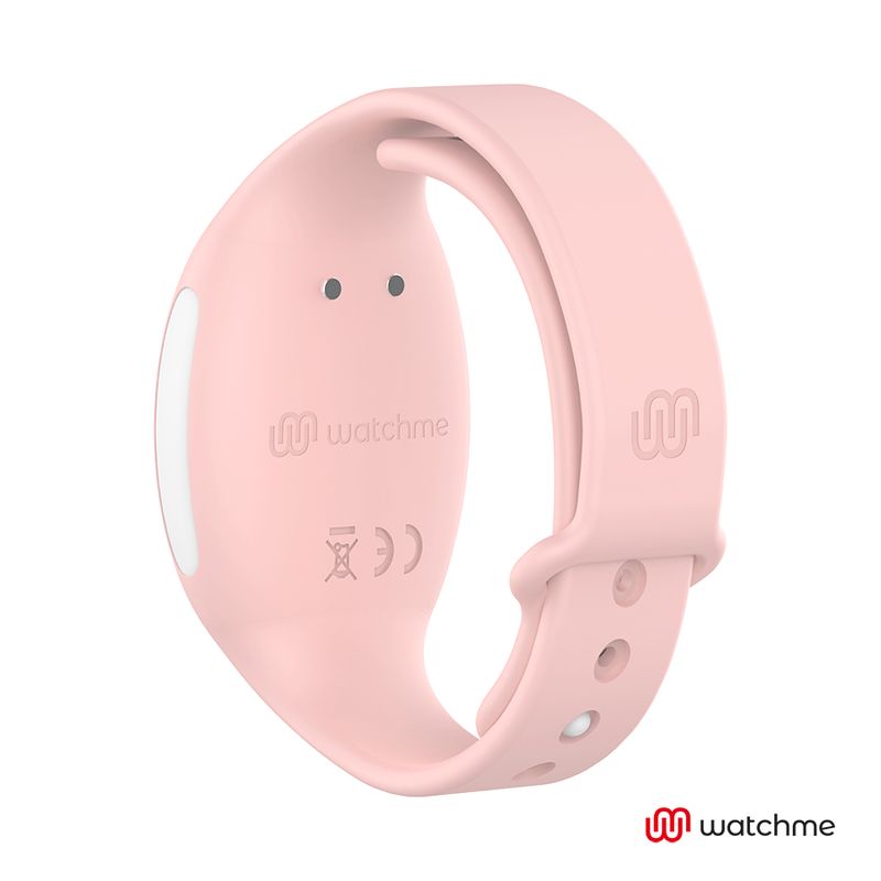 Rückseite eines pinken Wearwatch Armbands mit Ladekontakten und Logo.