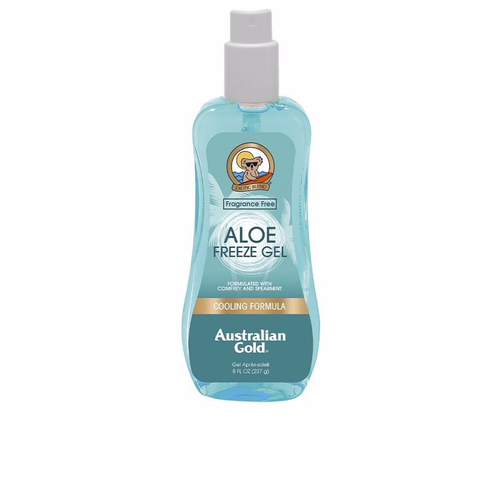 Blau-transparente Flasche mit Sprühkopf. Aufschrift: Aloe Freeze Gel, Australian Gold. Enthält Comfrey und Spearmint. 8 FL OZ (237 g).