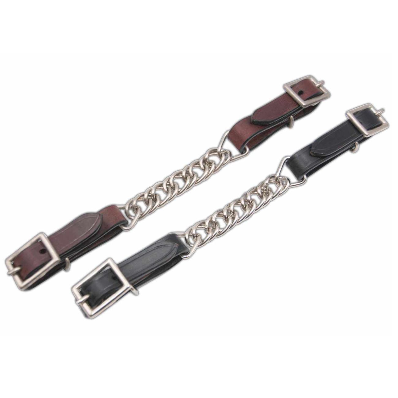 Zwei Kinnketten mit Lederschlaufen. Eine braune und eine schwarze Lederschlaufe mit Metallverschluss. Kette aus Metall.