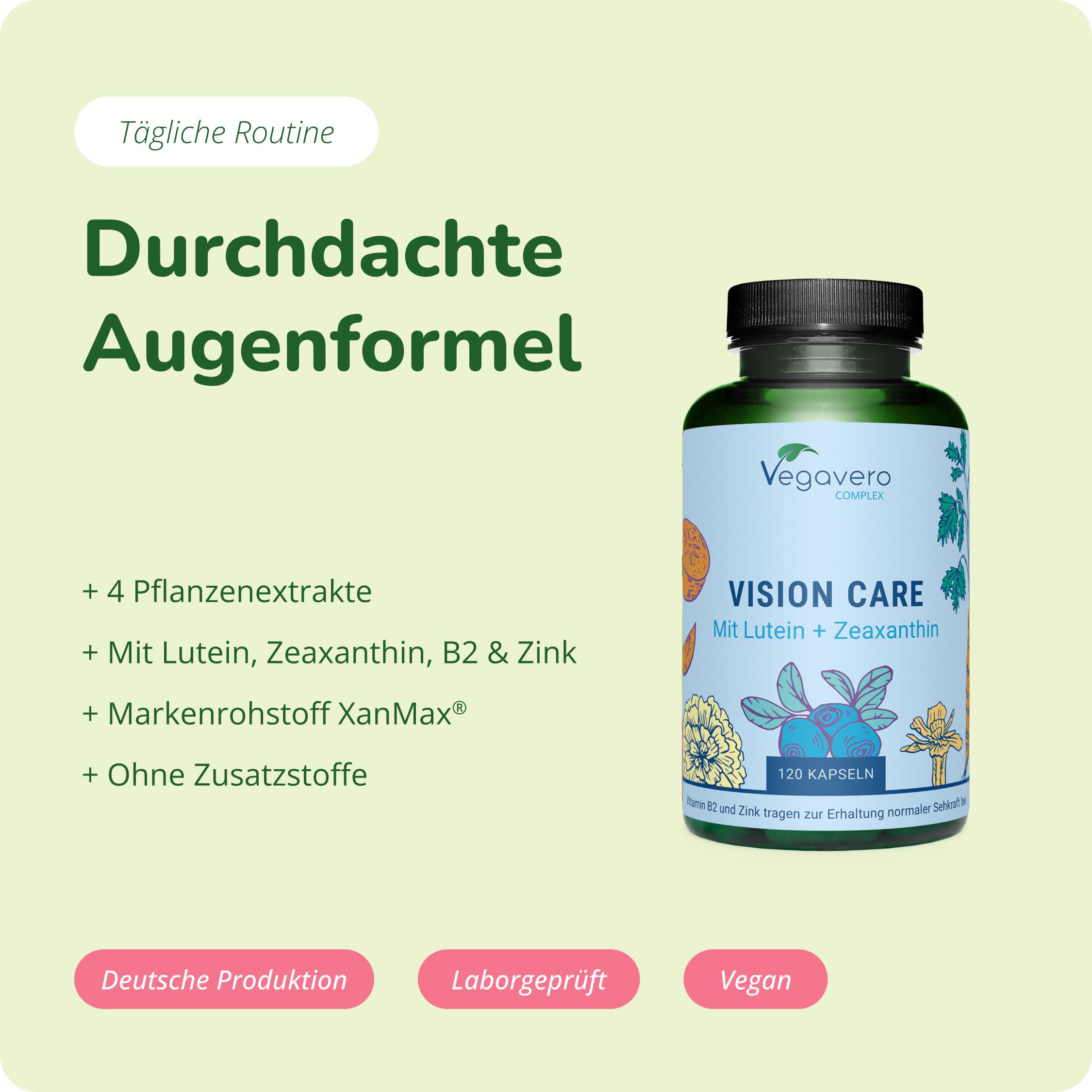 Vegavaro Vision Care Complex: 4 Pflanzenextrakte, Lutein, Zeaxanthin, B2, Zink, XanMax.