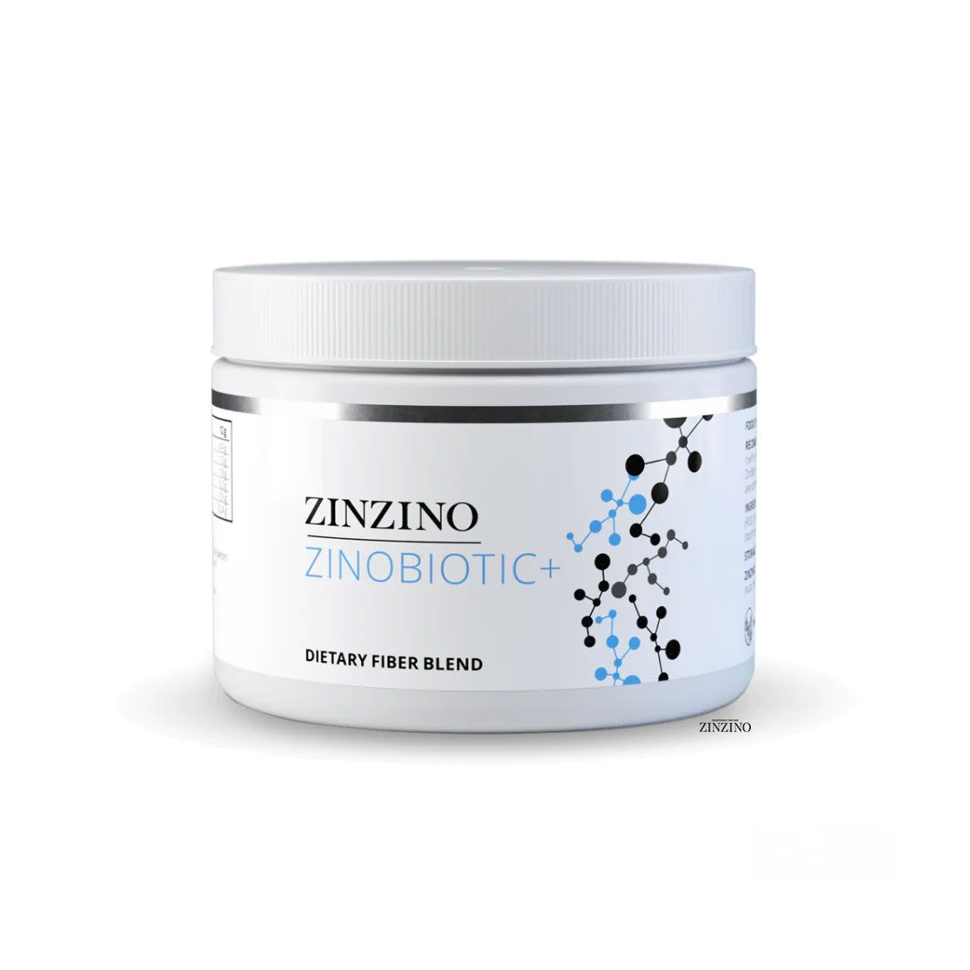 Weißes Produktglas mit silbernem Deckel. Aufschrift: ZINZINO ZinoBiotic+. Dietary Fiber Blend. Blau-schwarzes Design.