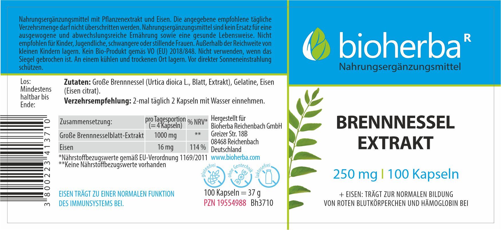 Etikett mit Produktinformationen. Enthält Brennnessel Extrakt, 250 mg, 100 Kapseln. Marke: Bioherba.