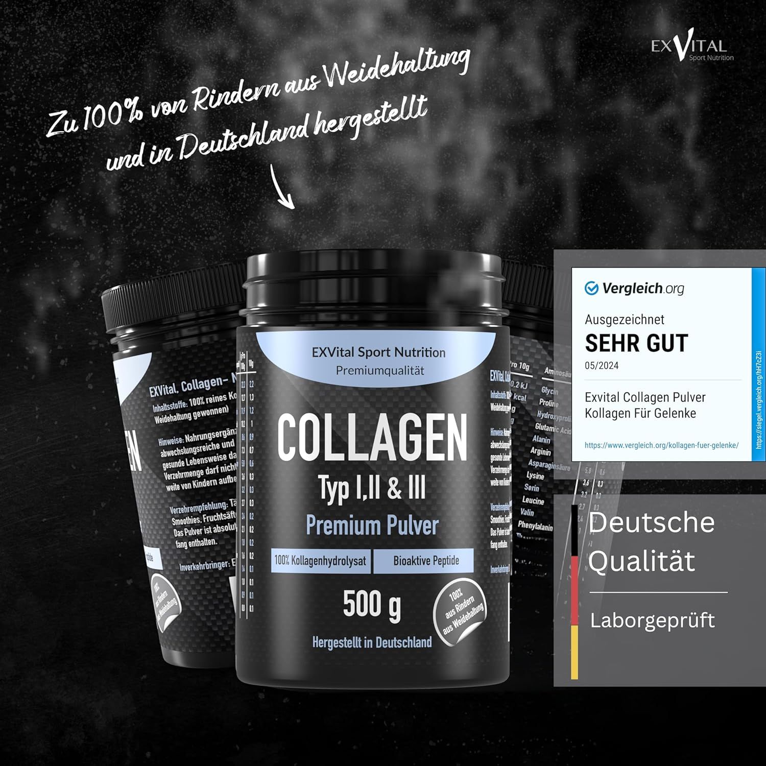 EXVital Collagen Pulver 500g: Deutsche Qualität, laborgeprüft, sehr gut.