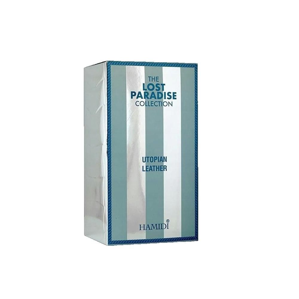 Verpackung mit blau-weißem Streifenmuster. Text: THE LOST PARADISE COLLECTION, UTOPIAN LEATHER, HAMIDI. Silberfarbene Verpackung mit blauem Rand.