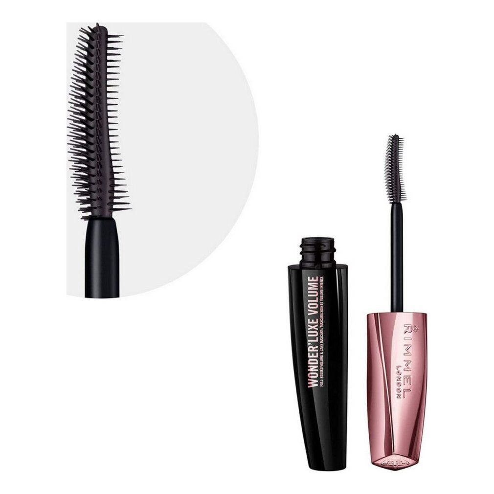 Mascara-Bürste und Tube. Text: Wonder'luxe Volume. Roségoldener Deckel. Schwarze Bürste.